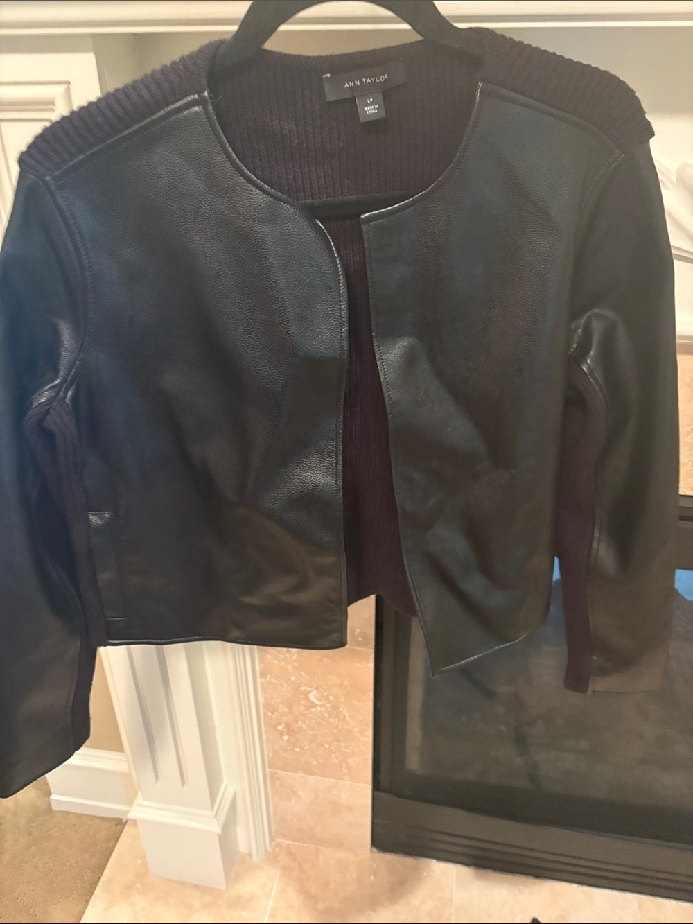 Ann Taylor Black mixed media  Leather-Trim Knit Open Front Jacket